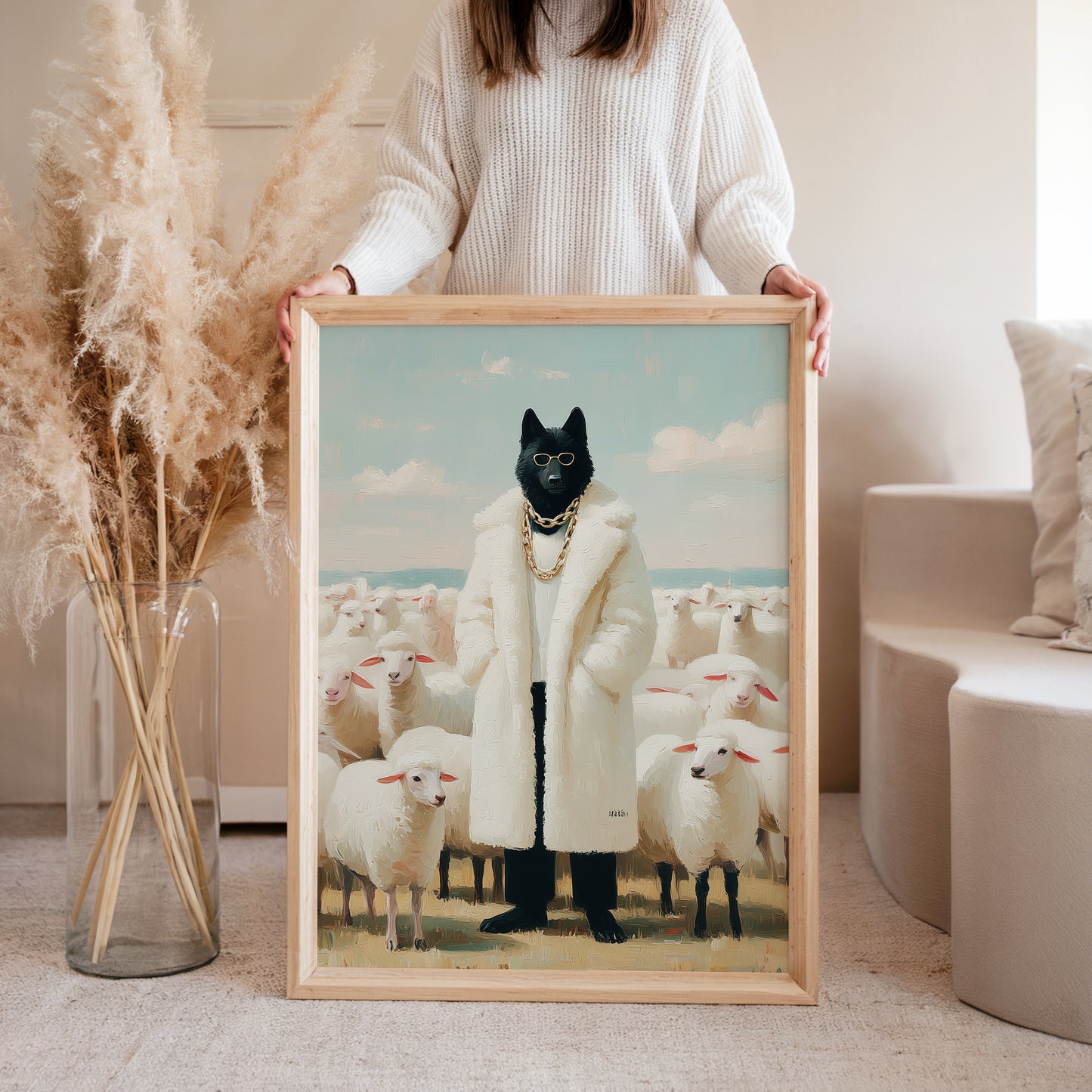 Sharply dressed wolf art print in modern living room, funny animal character poster, home decor wall art