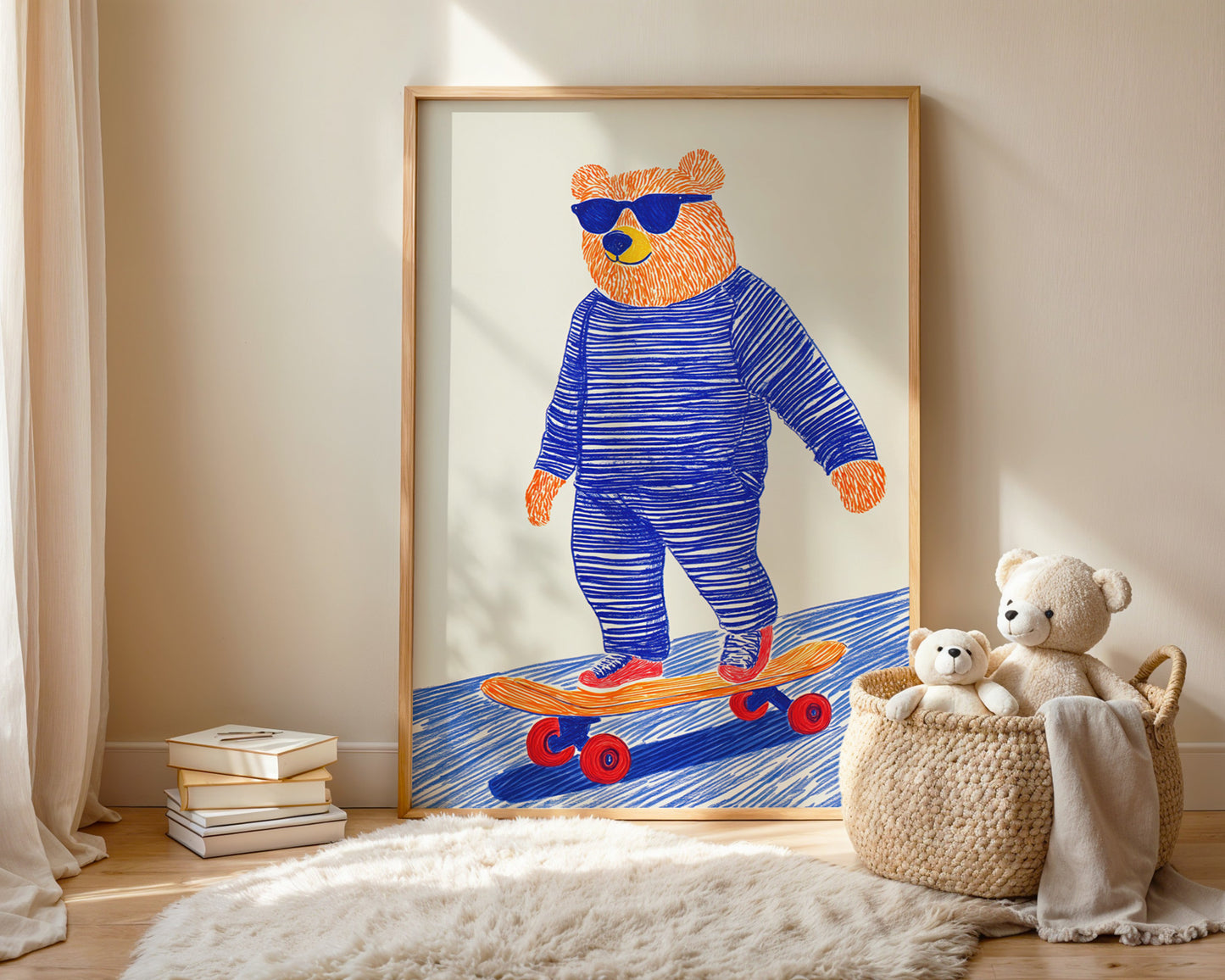 Framed board meeting art print in kids room, fun skate decor