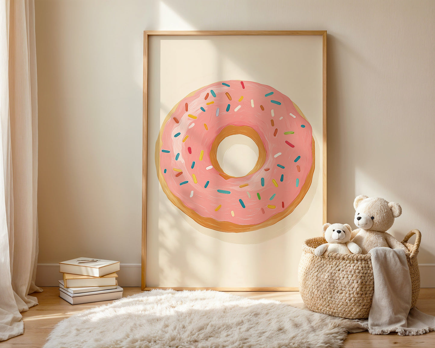 Framed sugar rush art print in playroom, vibrant kids decor