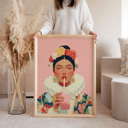 Woman holding kawaii bubble tea art print, lifestyle poster wall art for playful decor