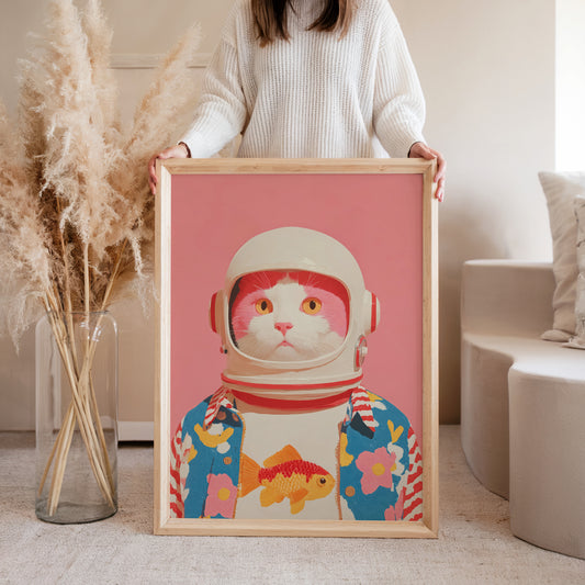 Woman holding cat astronaut space art print, lifestyle cosmic poster wall art decor