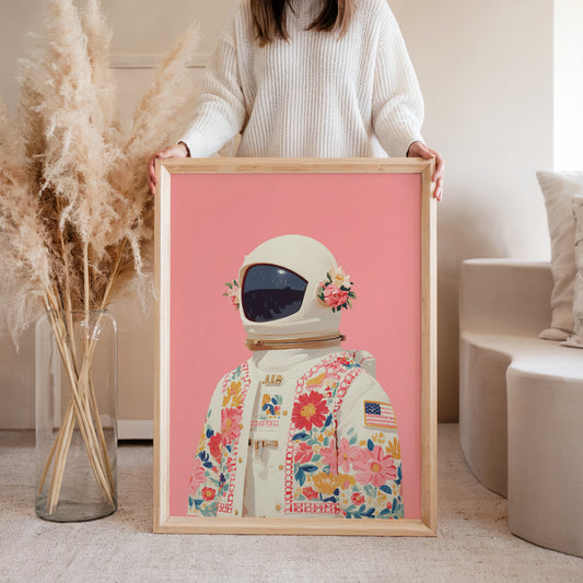 Woman holding cosmic love abstract art print, lifestyle vibrant poster wall art decor