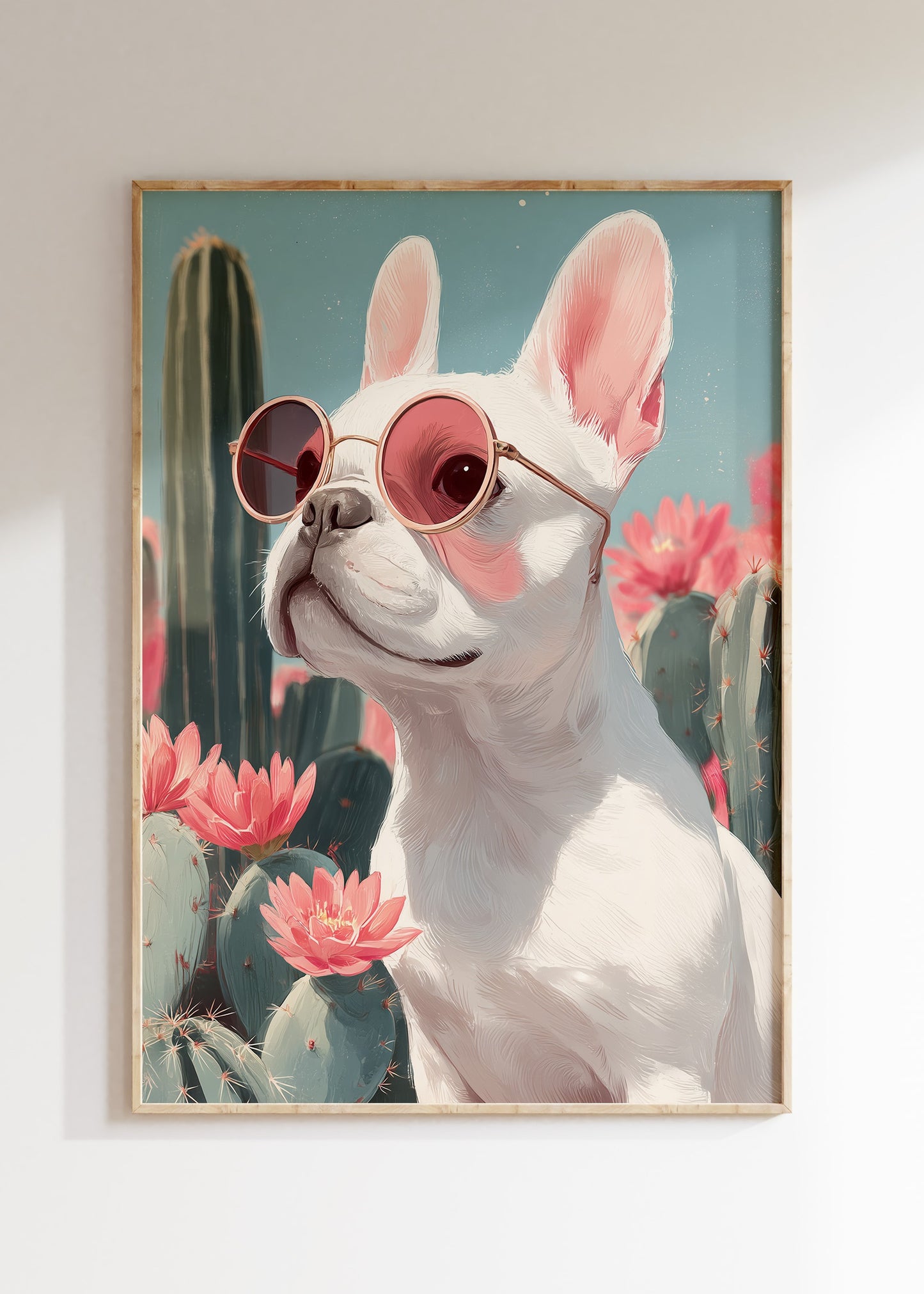 Framed French bulldog portrait illustration in bold pastel colors, animal poster on wall, home decor wall art