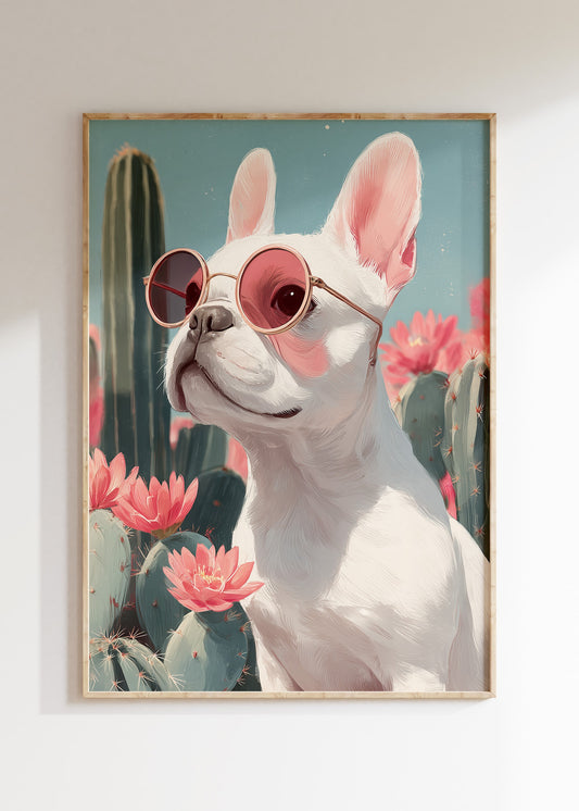 Framed French bulldog portrait illustration in bold pastel colors, animal poster on wall, home decor wall art