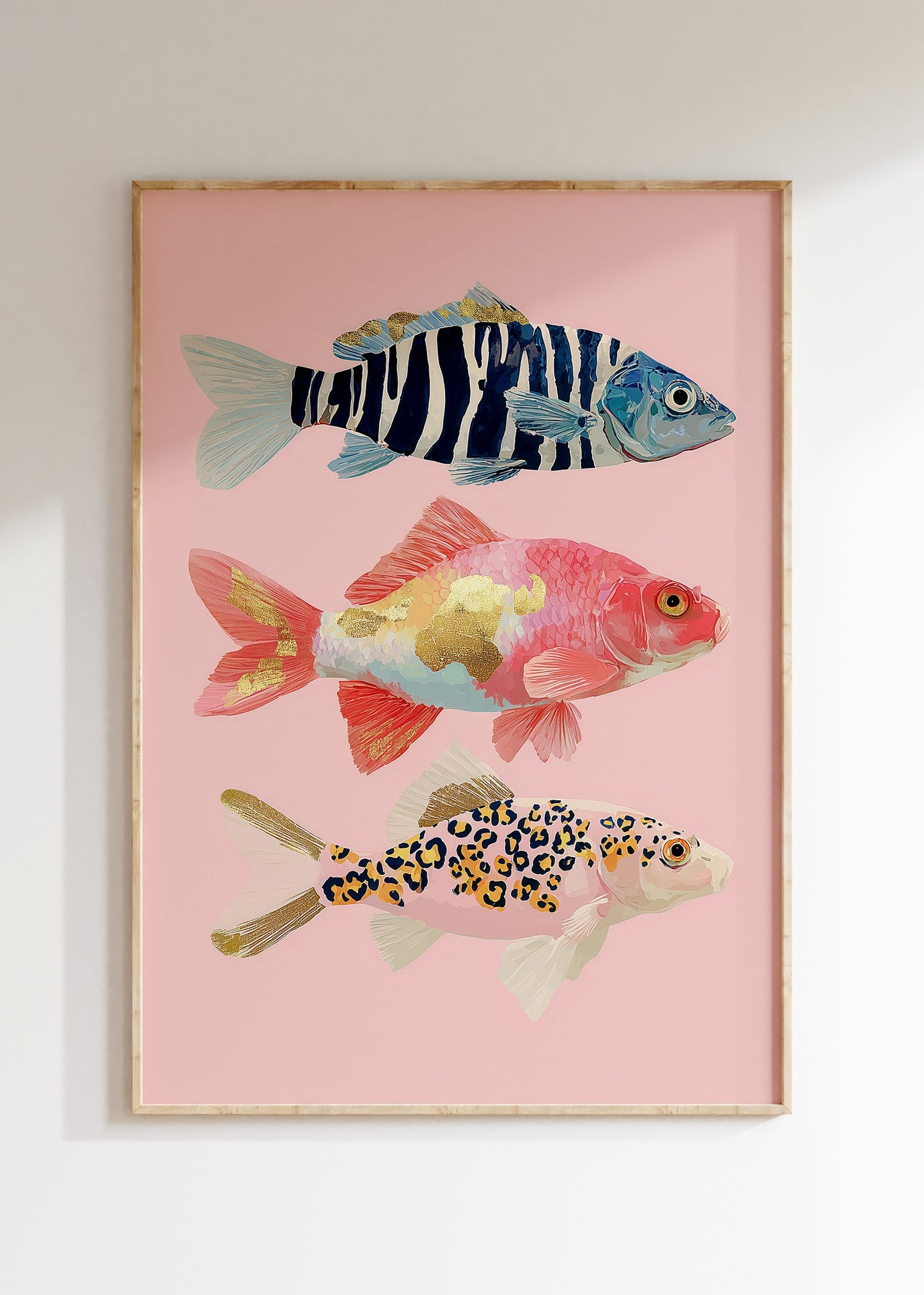 Framed colorful tropical fish illustration in pink ocean, marine life poster on wall, home decor wall art