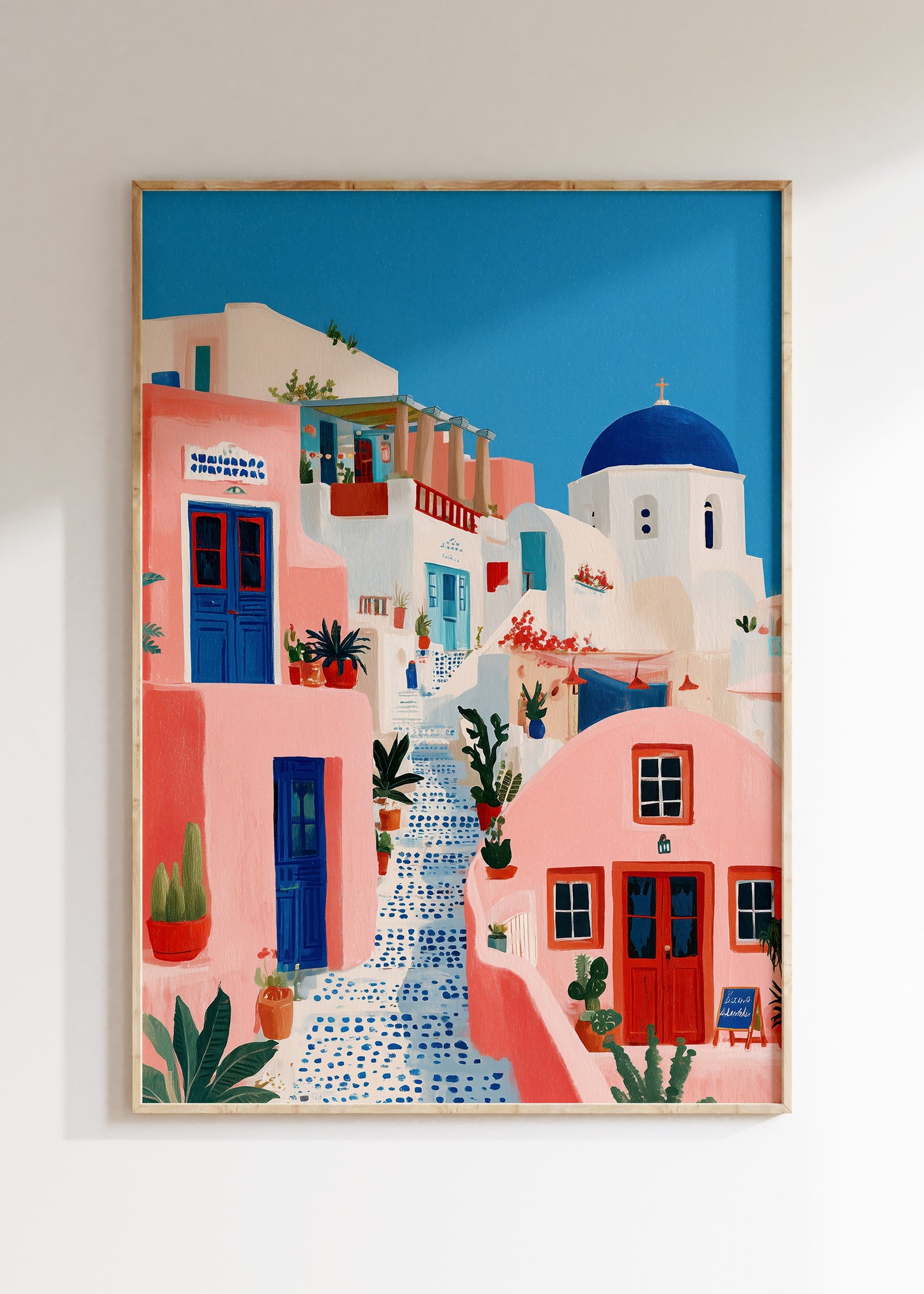 Framed Santorini Greek village illustration in pink and blue, travel poster on wall, home decor wall art
