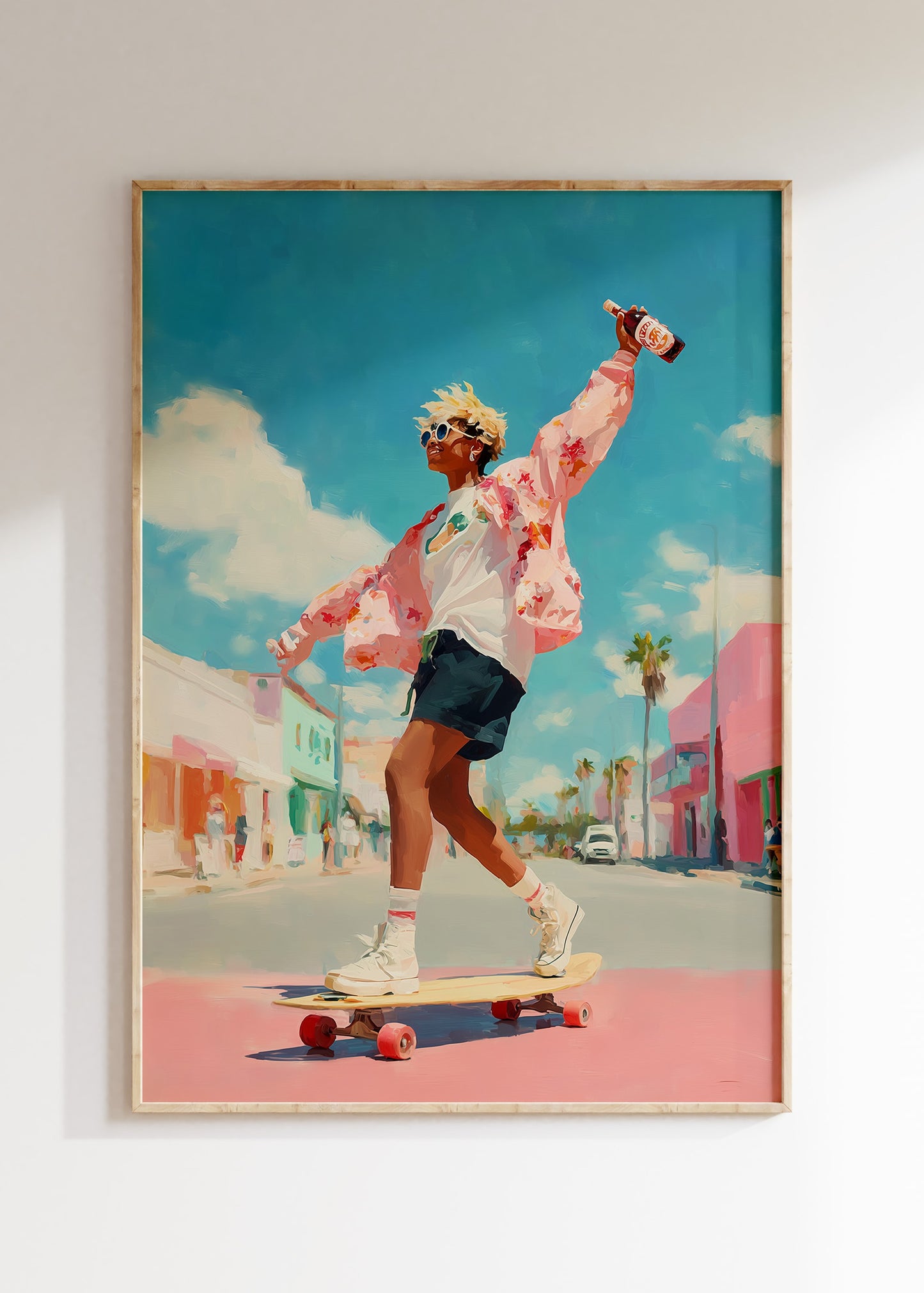 Framed longboard skater illustration in warm sunset tones, street style poster on wall, home decor wall art