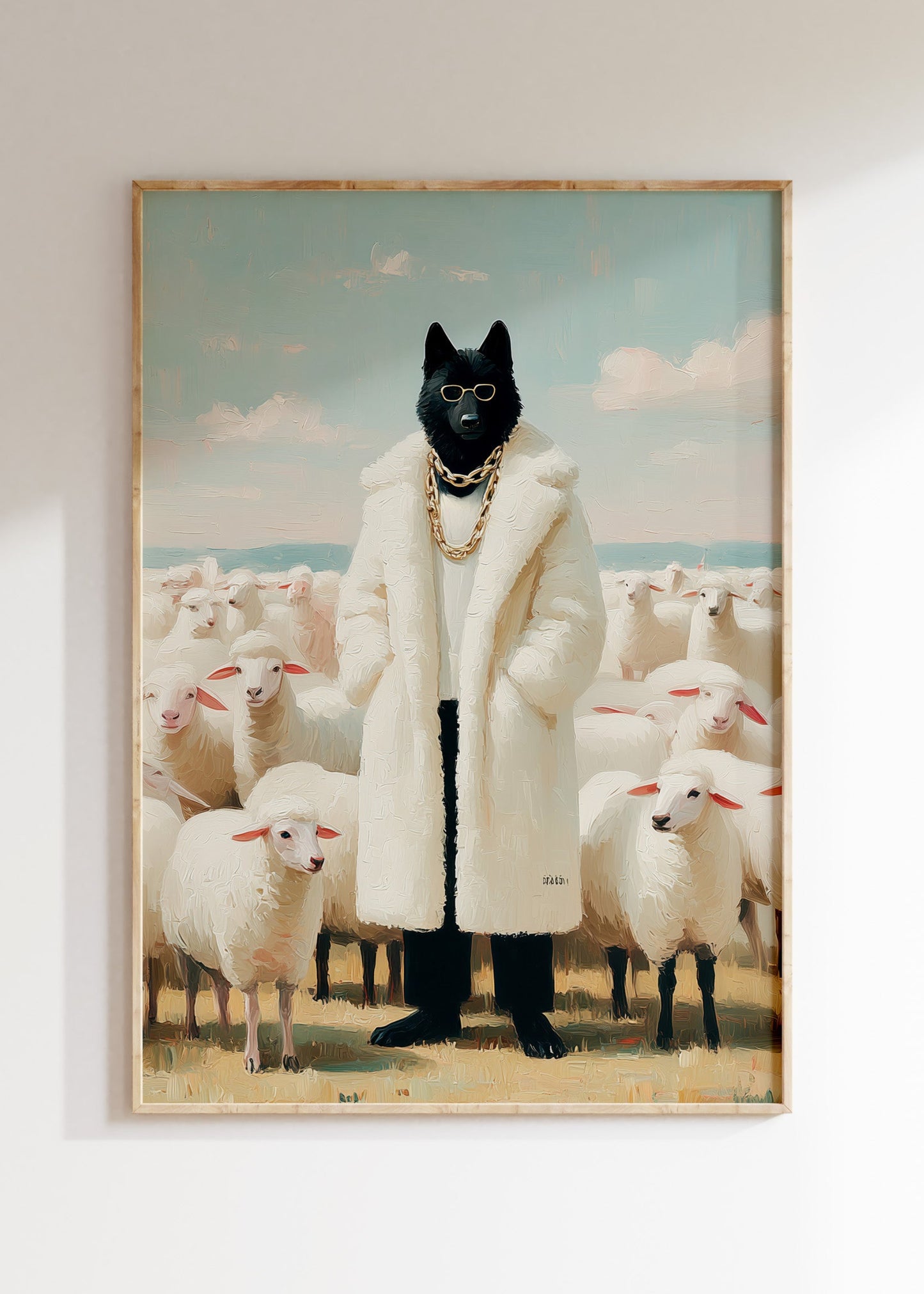 Framed sharply dressed wolf illustration in bold colors, wolf in sheep's clothing poster on wall, home decor wall art