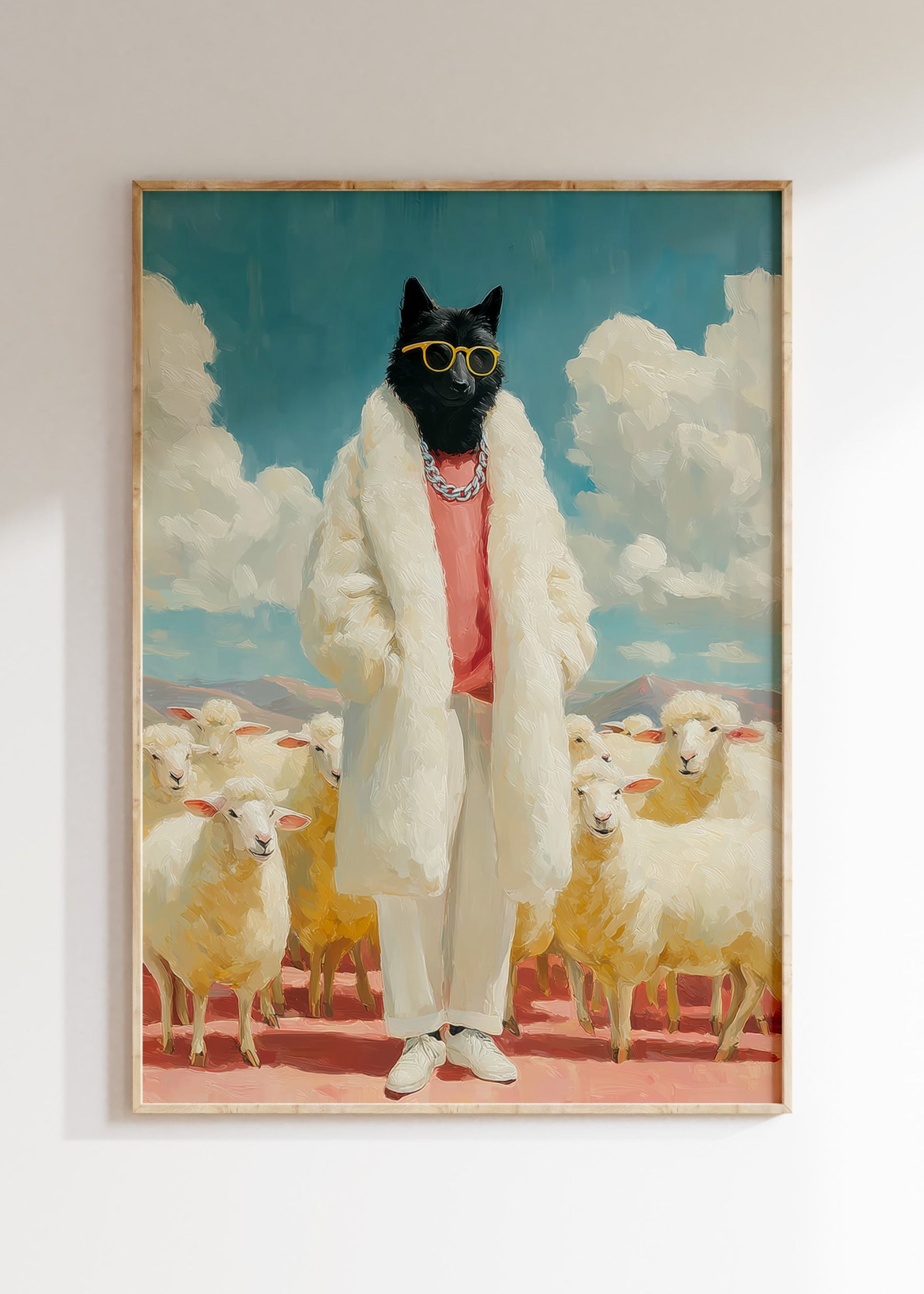 Framed stylish wolf among sheep illustration in bold tones, wolf in sheep's clothing poster on wall, home decor wall art