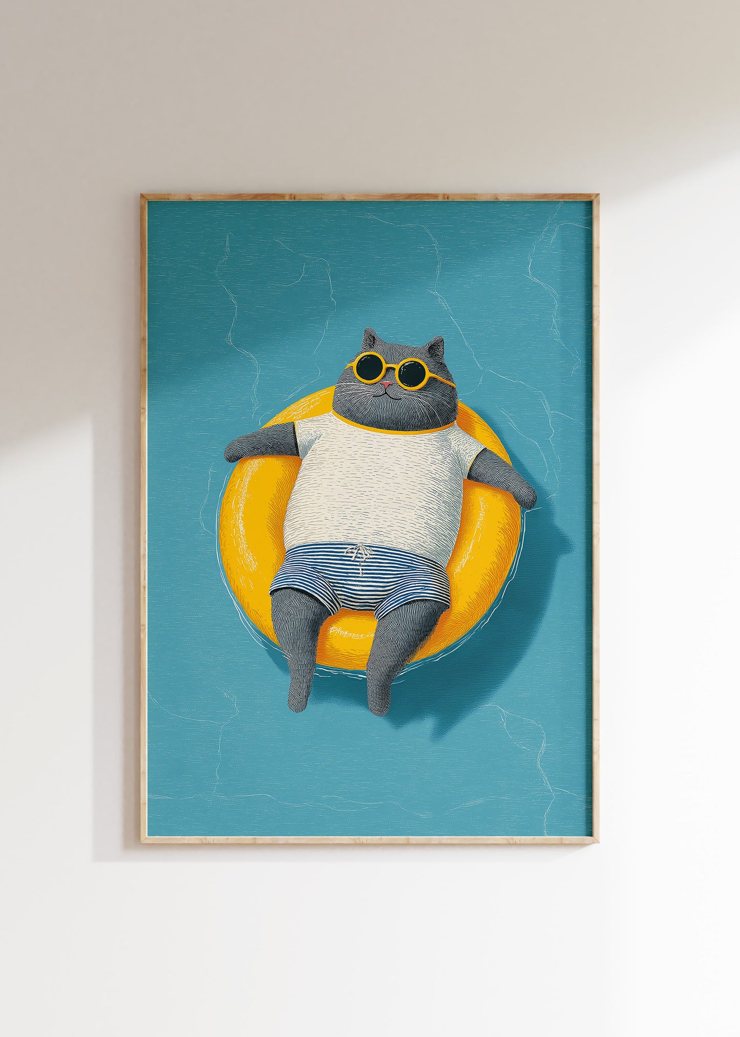 Summer pool day illustration in bright colors, fun kids wall art