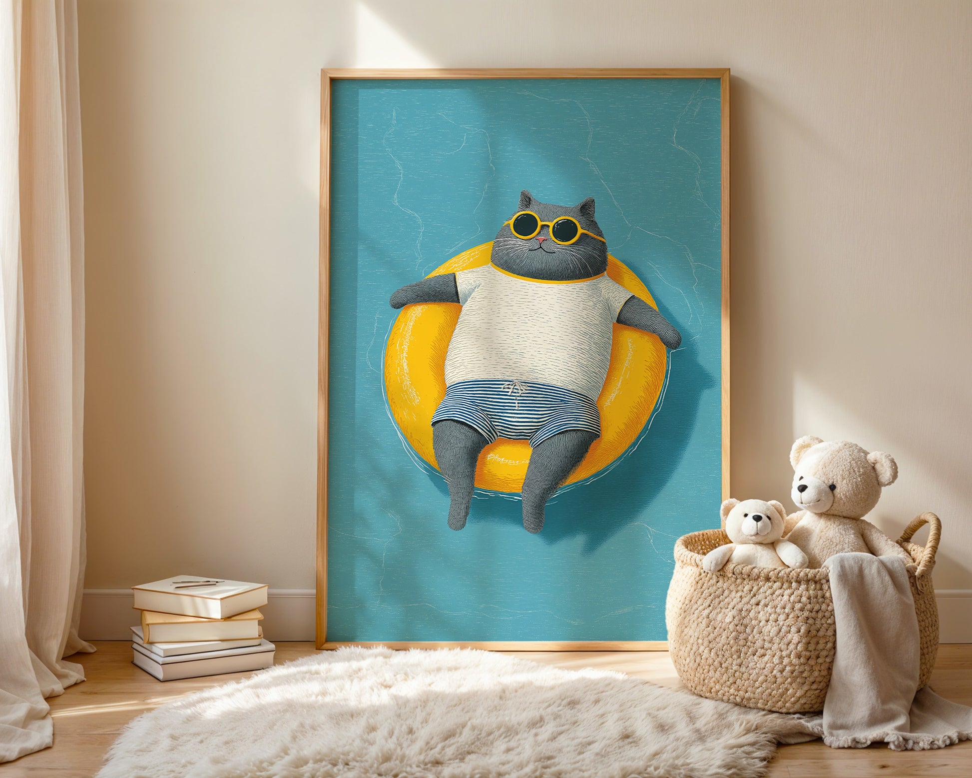Framed pool day art print in kids room, summer theme decor