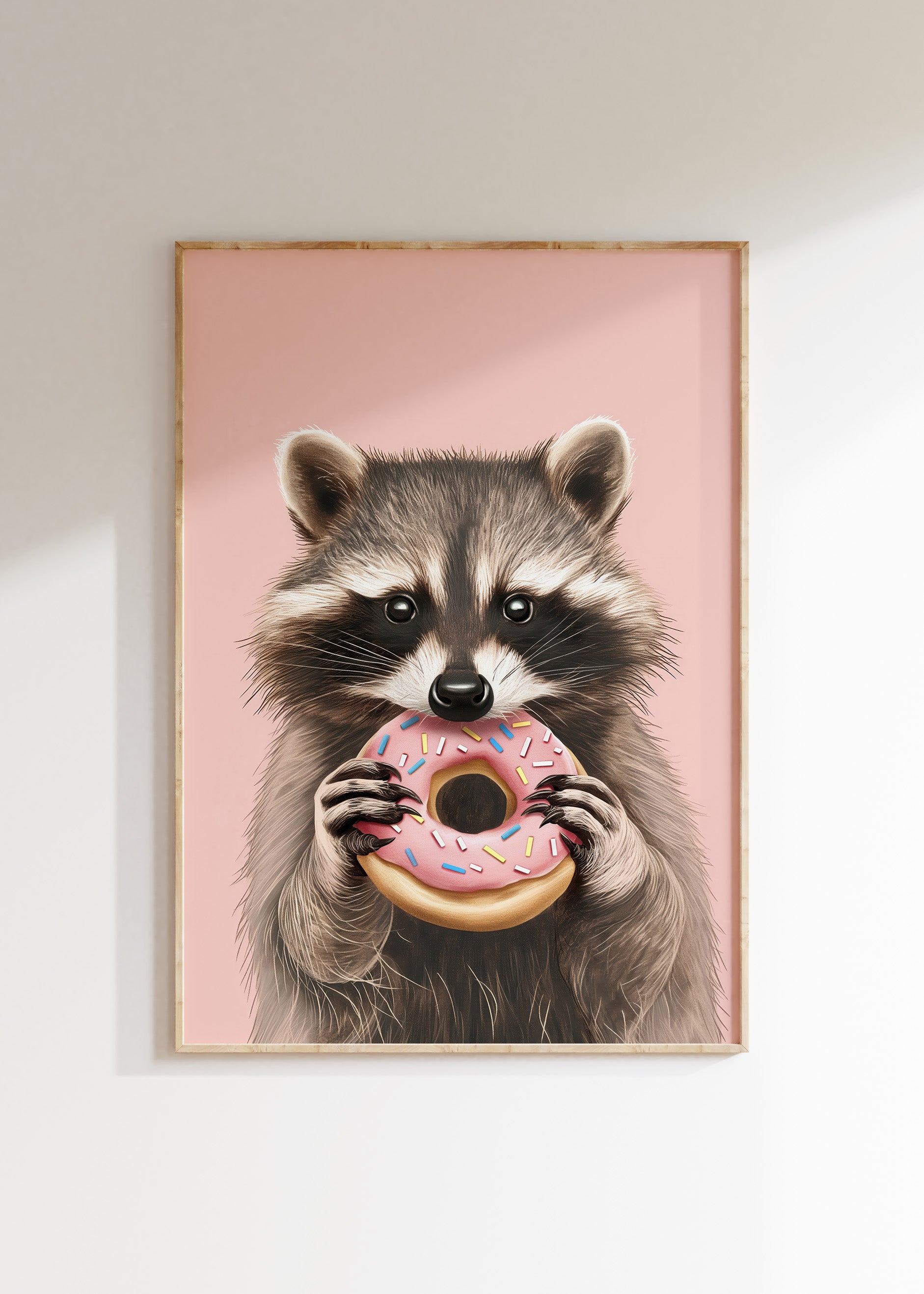 Playful midnight snack animal illustration, fun kids wall art print