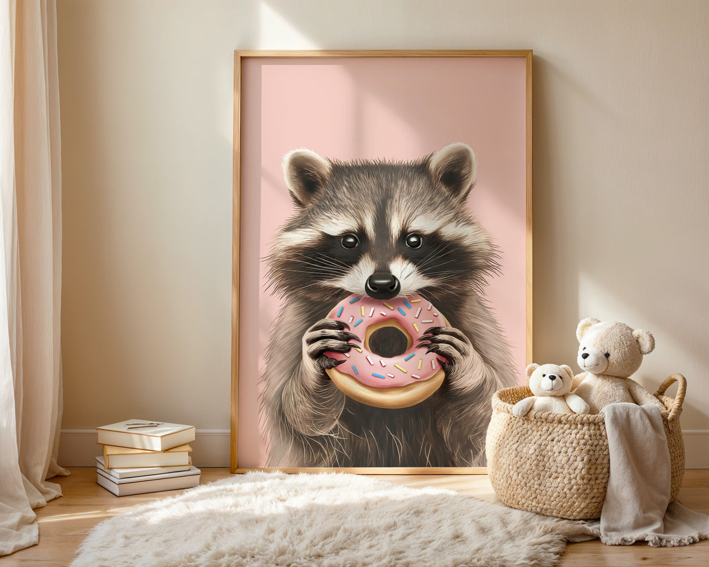 Framed midnight snack art print in kids bedroom, playful decor