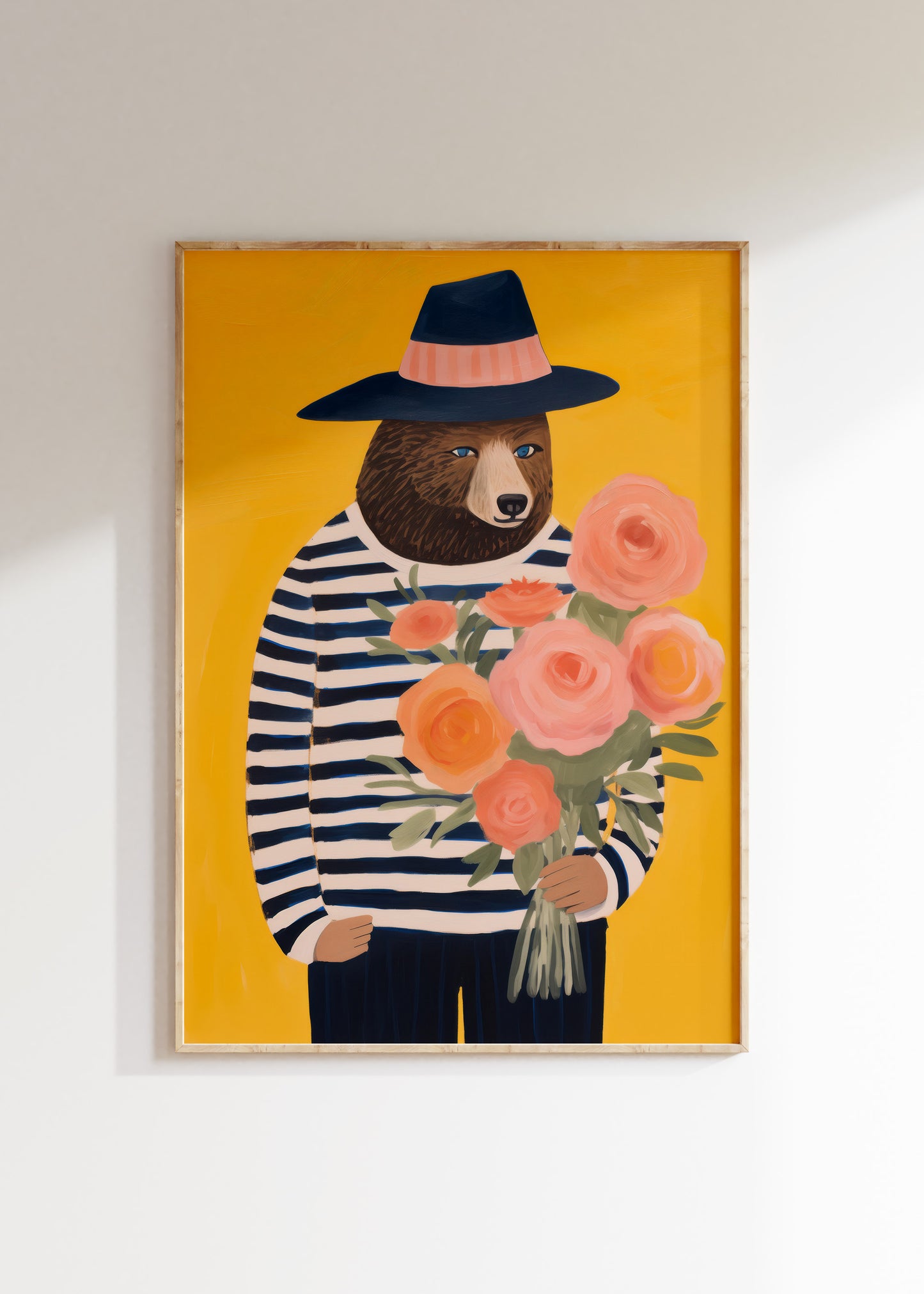 Bear with flower bouquet illustration, sweet kids nursery wall art