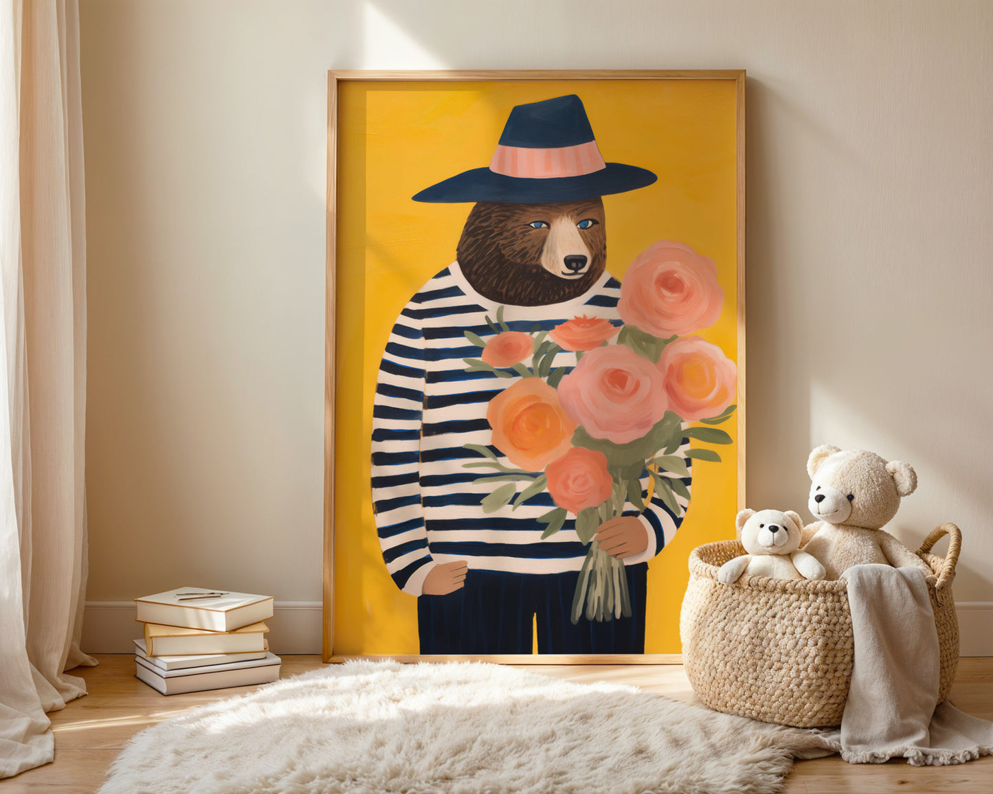 Framed bouquet bear art print in kids room, nursery wall decor
