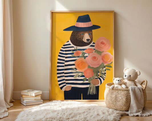 Framed bouquet bear art print in kids room, nursery wall decor