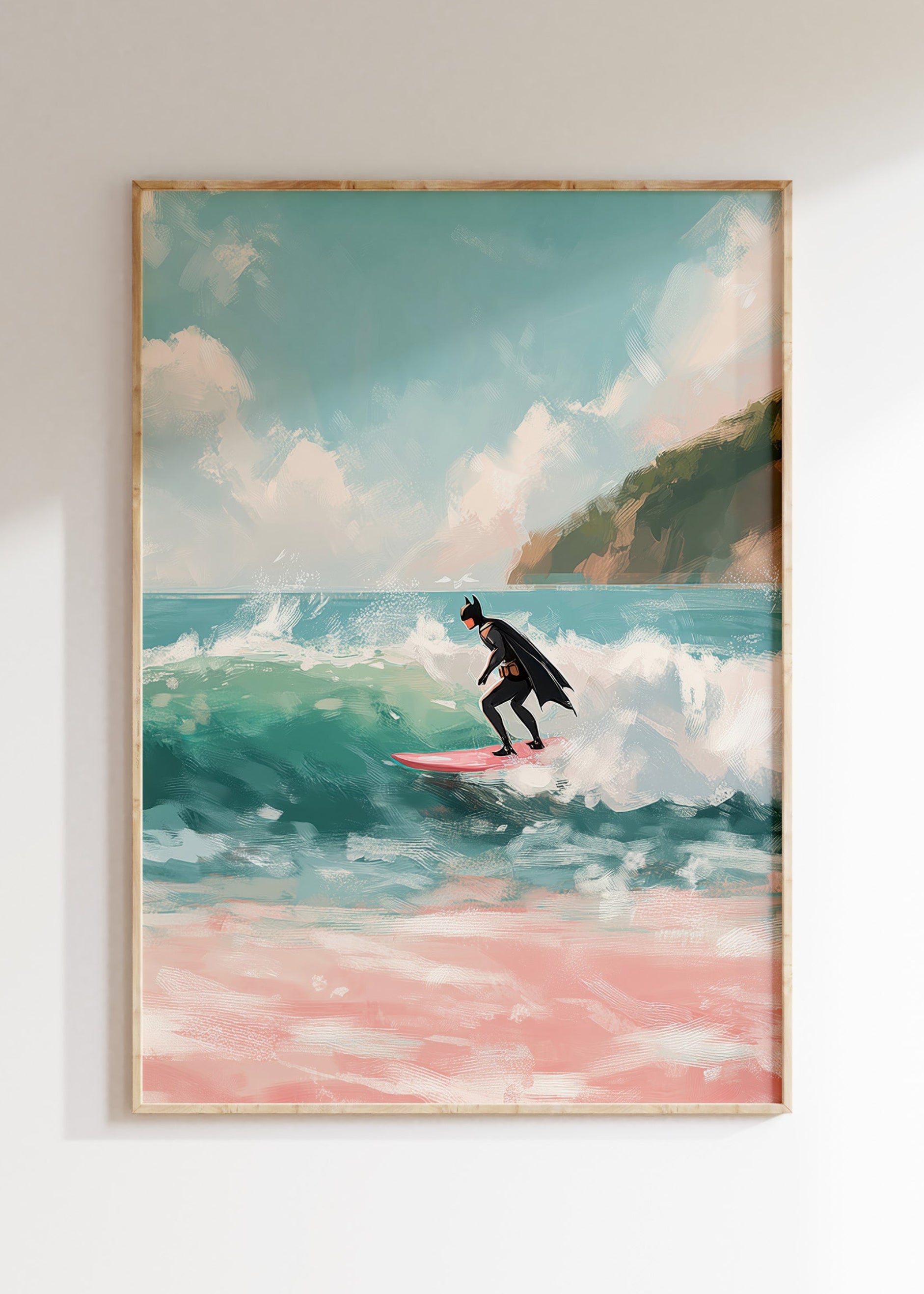 Super hero ocean wave illustration in moody tones, dramatic wall art print