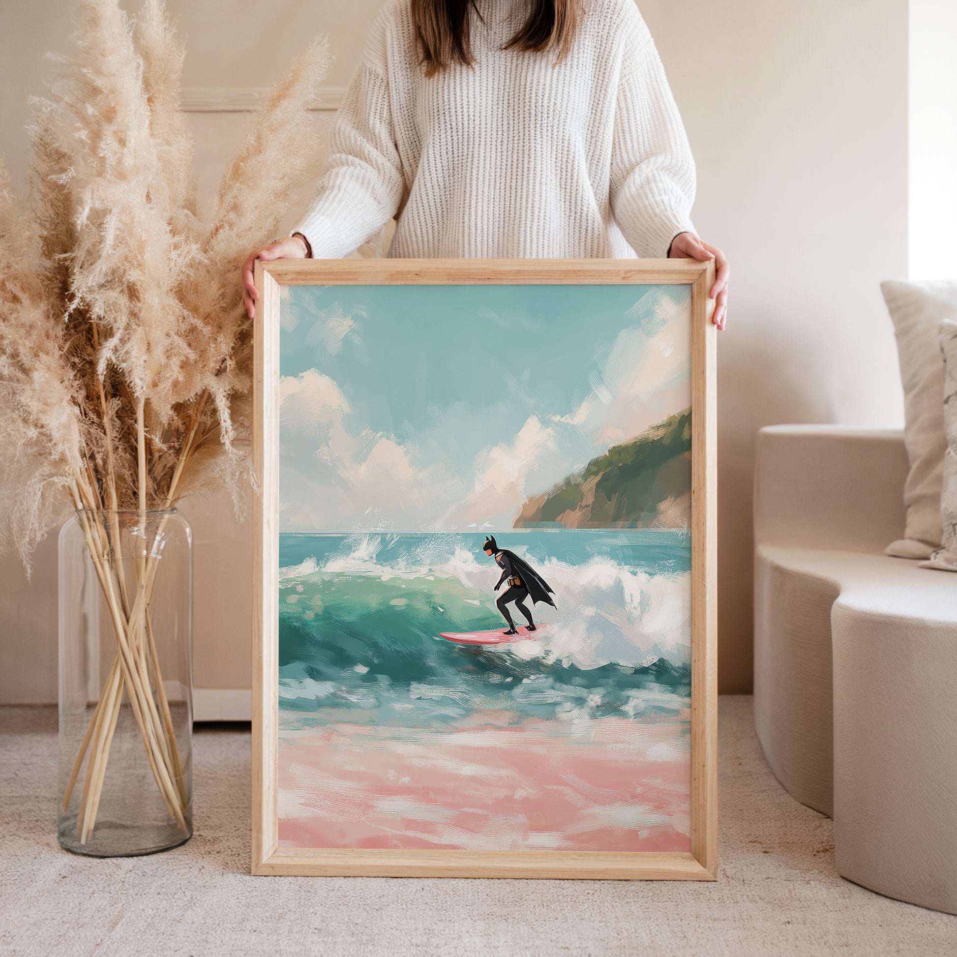Framed Malibu wave art print on wall, modern coastal home decor