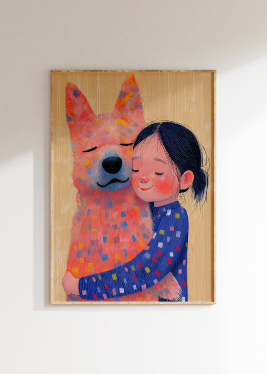Animal friendship illustration, warm kids nursery wall art print