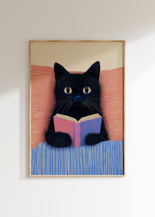 Reading cat with book illustration, cozy literary kids wall art print