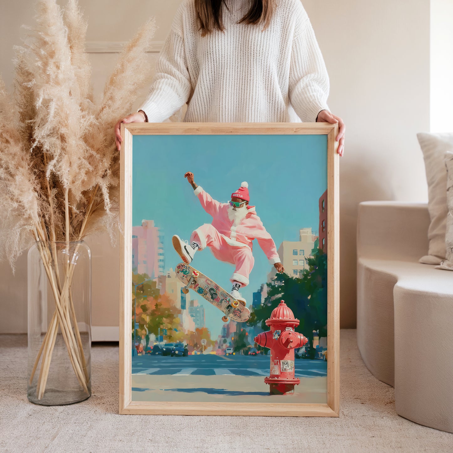 Framed Santa Claus skateboarding in pink urban illustration, funny Christmas poster on wall, home decor wall art