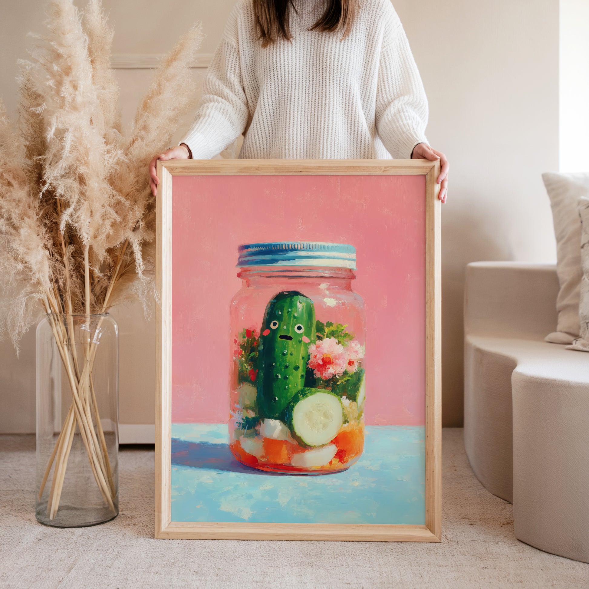 Framed pickle in a jar kawaii illustration in pink and green, funny food poster on wall, home decor wall art