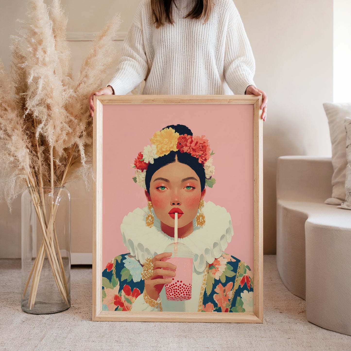 Woman holding kawaii bubble tea art print, lifestyle poster wall art for playful decor