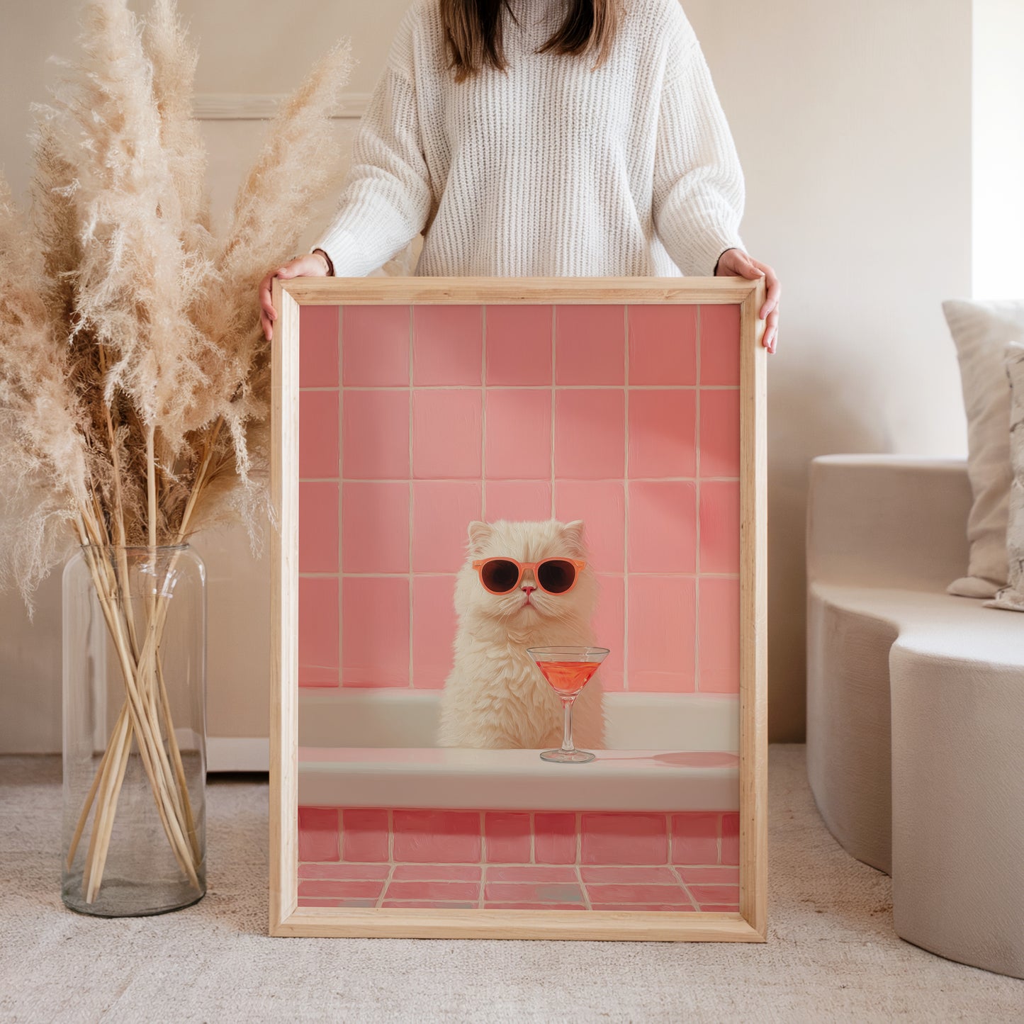 Woman holding cat and martini cocktail art print, lifestyle poster wall art for fun decor