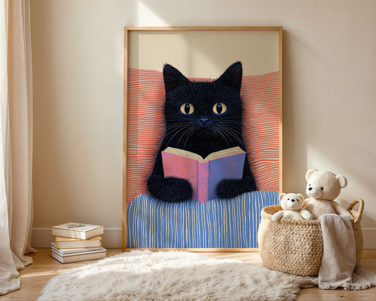 Framed reading cat illustration in nursery room, kids wall decor