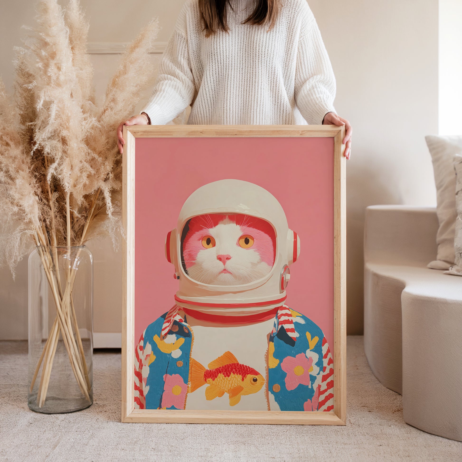 Woman holding cat astronaut space art print, lifestyle cosmic poster wall art decor