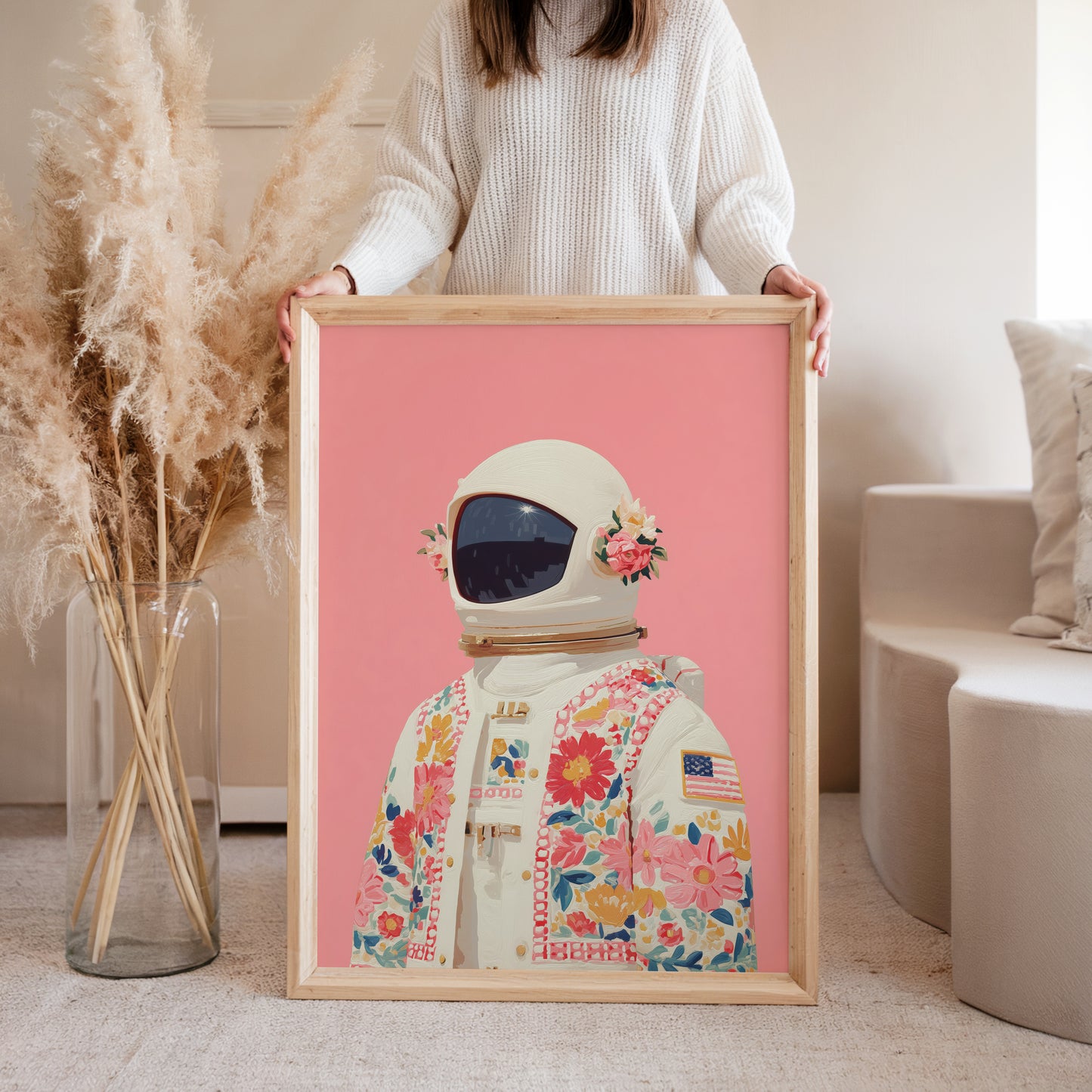 Woman holding cosmic love abstract art print, lifestyle vibrant poster wall art decor
