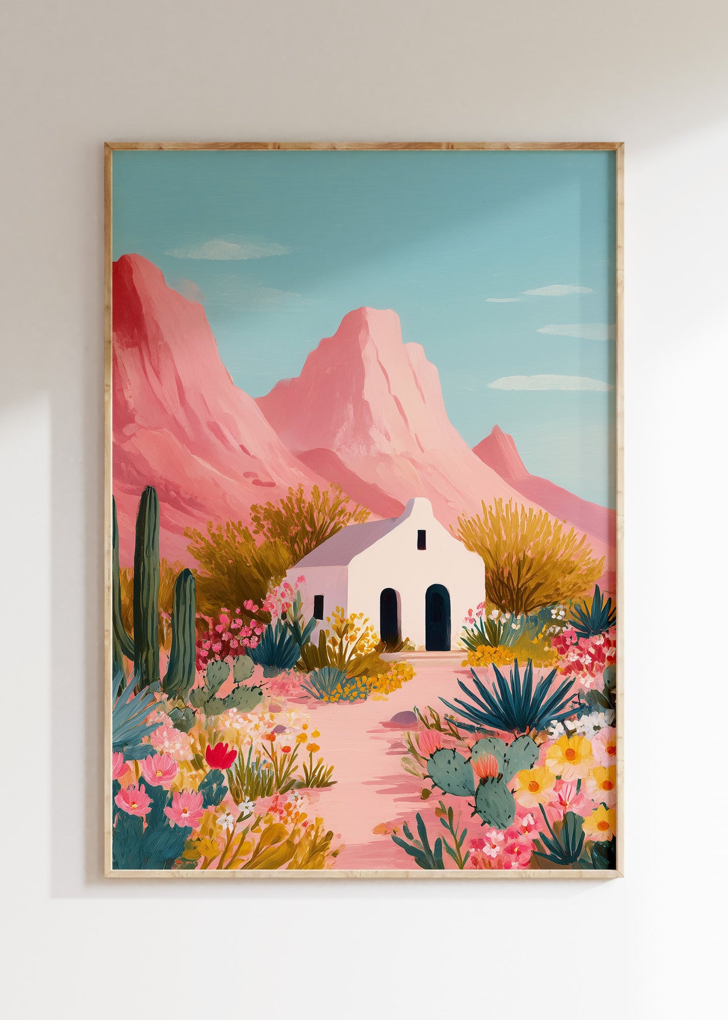 Desert Bloom kids room wall art print featuring a pastel desert house with flowers and mountains