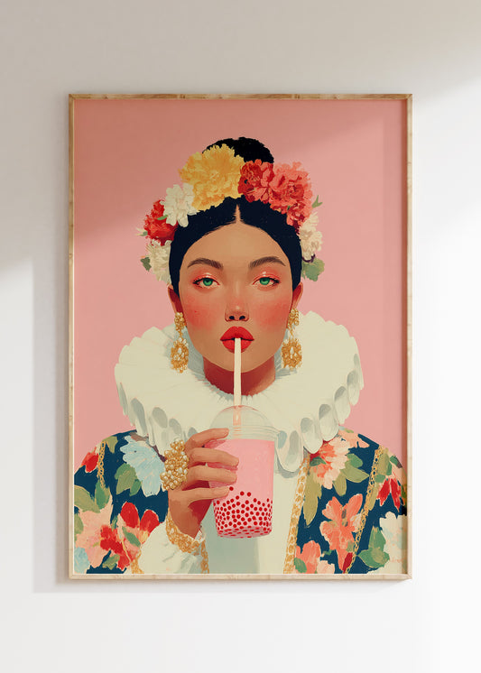 Framed kawaii bubble tea illustration in pastel pink and blue, cute poster on wall, home decor wall art