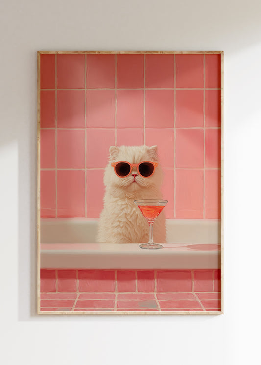 Framed cat sipping martini cocktail illustration, retro colorful poster on wall, home decor wall art