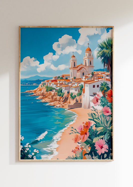 Framed Mediterranean coast illustration with pink cliffs and turquoise sea, travel poster on wall, home decor wall art