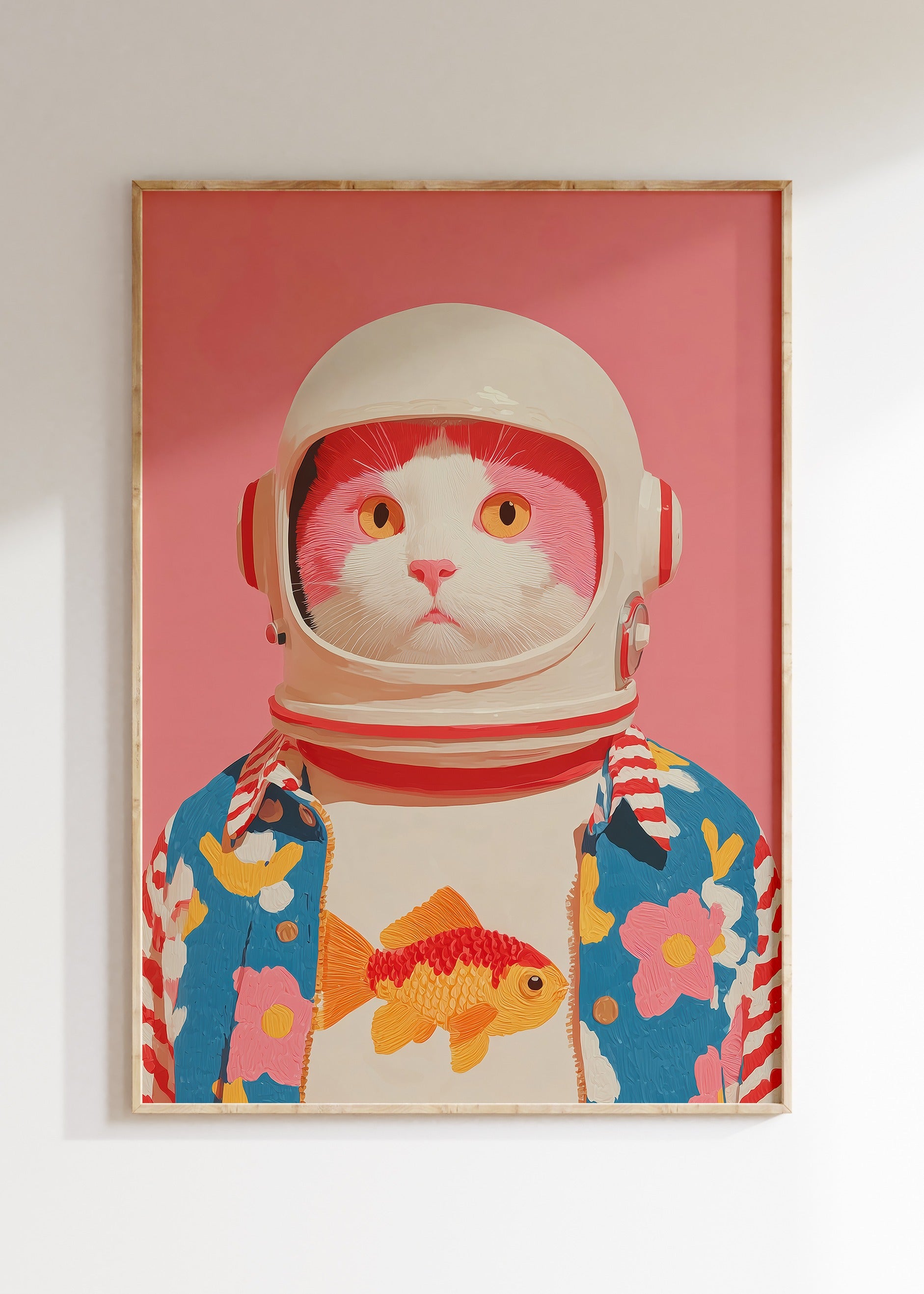 Framed cat astronaut in space illustration, cosmic colorful poster on wall, home decor wall art