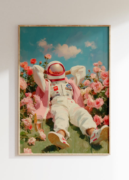 Framed sleeping astronaut in dreamy cosmic scene, pastel space poster on wall, home decor wall art