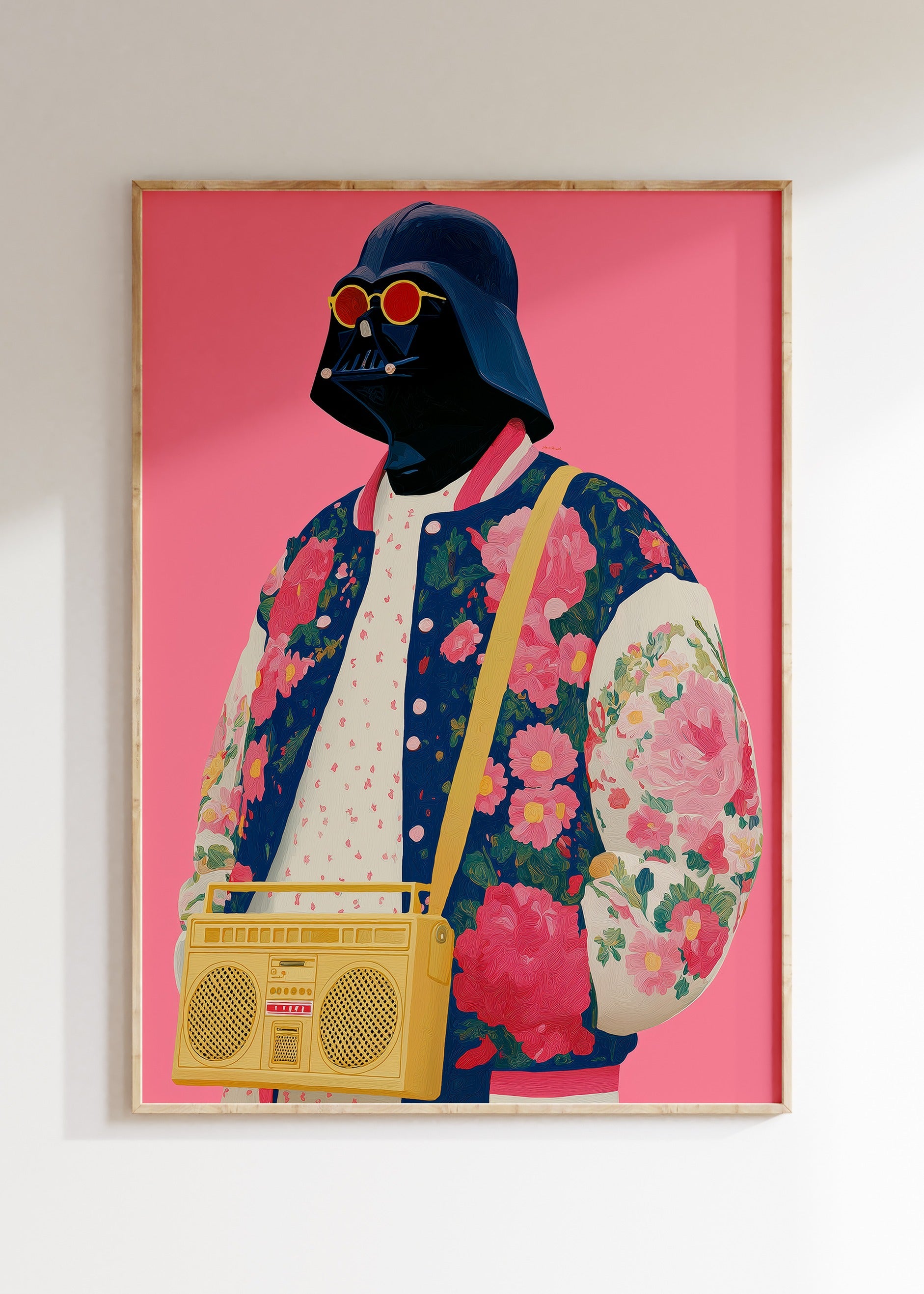 Framed Darth Vader pop art illustration in bold pink tones, fun geek poster on wall, home decor wall art