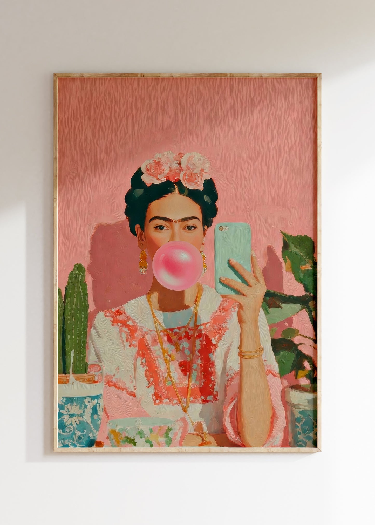 Framed Frida Kahlo inspired portrait illustration in vibrant colors, artistic poster on wall, home decor wall art