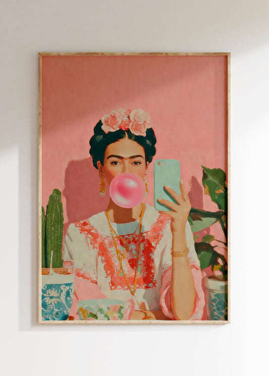 Framed Frida Kahlo inspired portrait illustration in vibrant colors, artistic poster on wall, home decor wall art