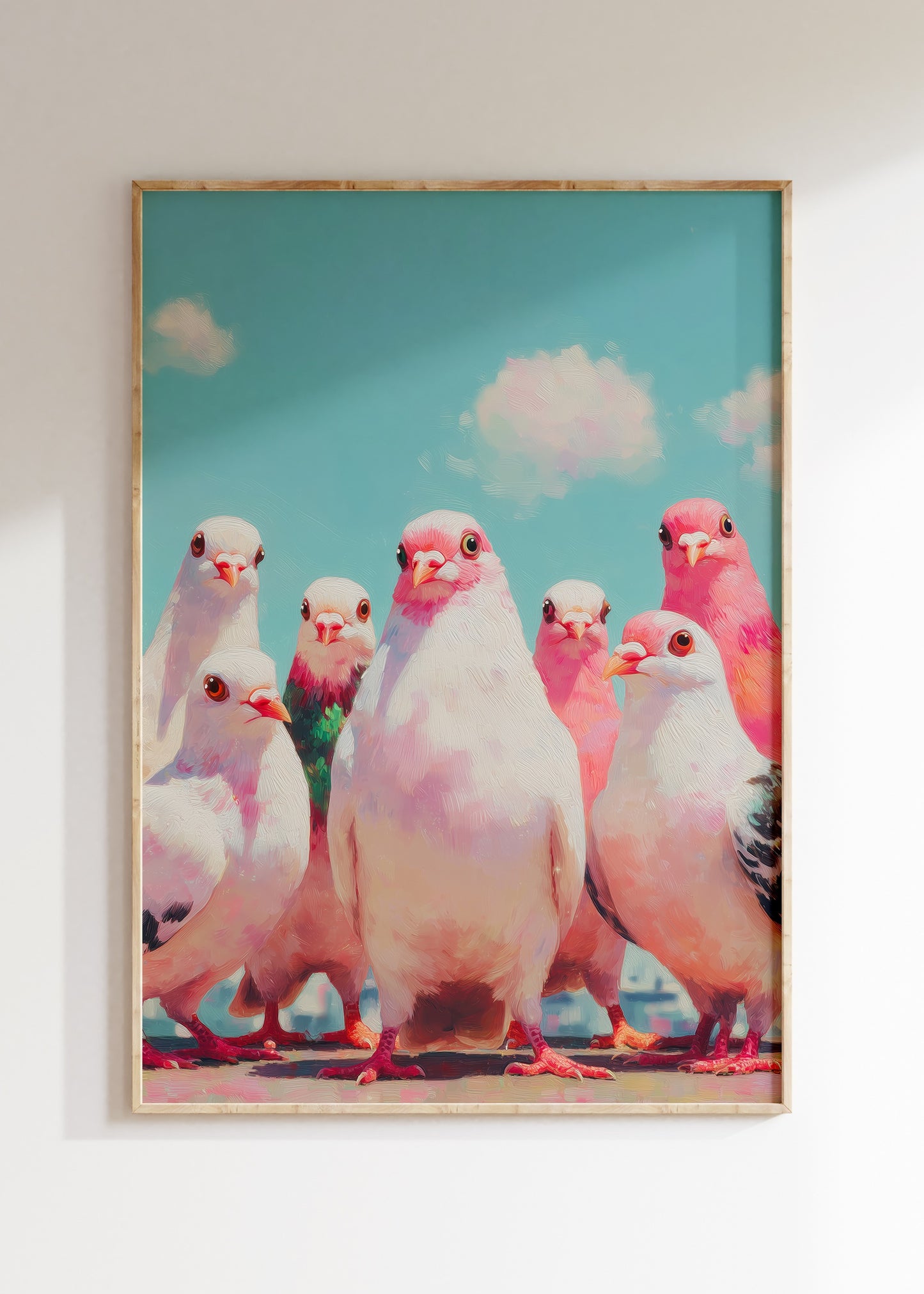 Framed gang of pigeons illustration in street style, funny urban animal poster on wall, home decor wall art