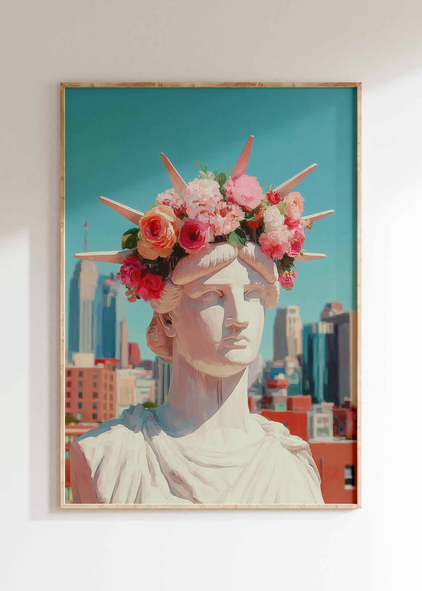 Framed Statue of Liberty pop art illustration in pastel pink, New York poster on wall, home decor wall art