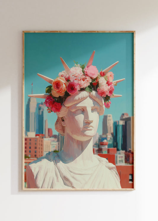 Framed Statue of Liberty pop art illustration in pastel pink, New York poster on wall, home decor wall art