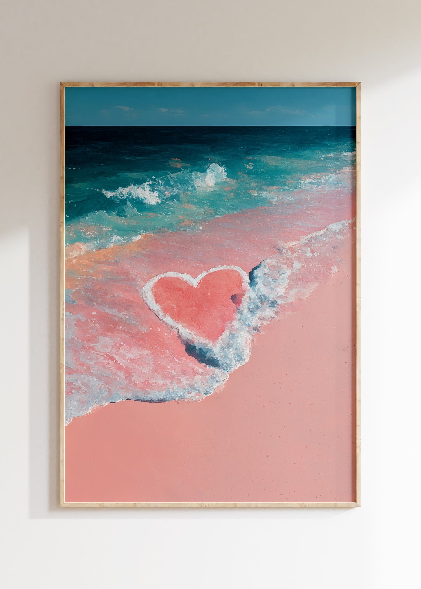 Framed abstract ocean love illustration with waves and hearts, coastal poster on wall, home decor wall art