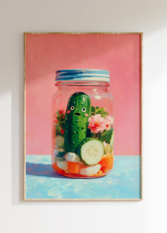 Framed pickle in a jar kawaii illustration in pink and green, funny food poster on wall, home decor wall art