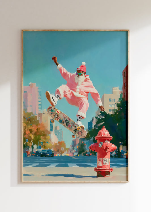 Framed Santa Claus skateboarding in pink urban illustration, funny Christmas poster on wall, home decor wall art