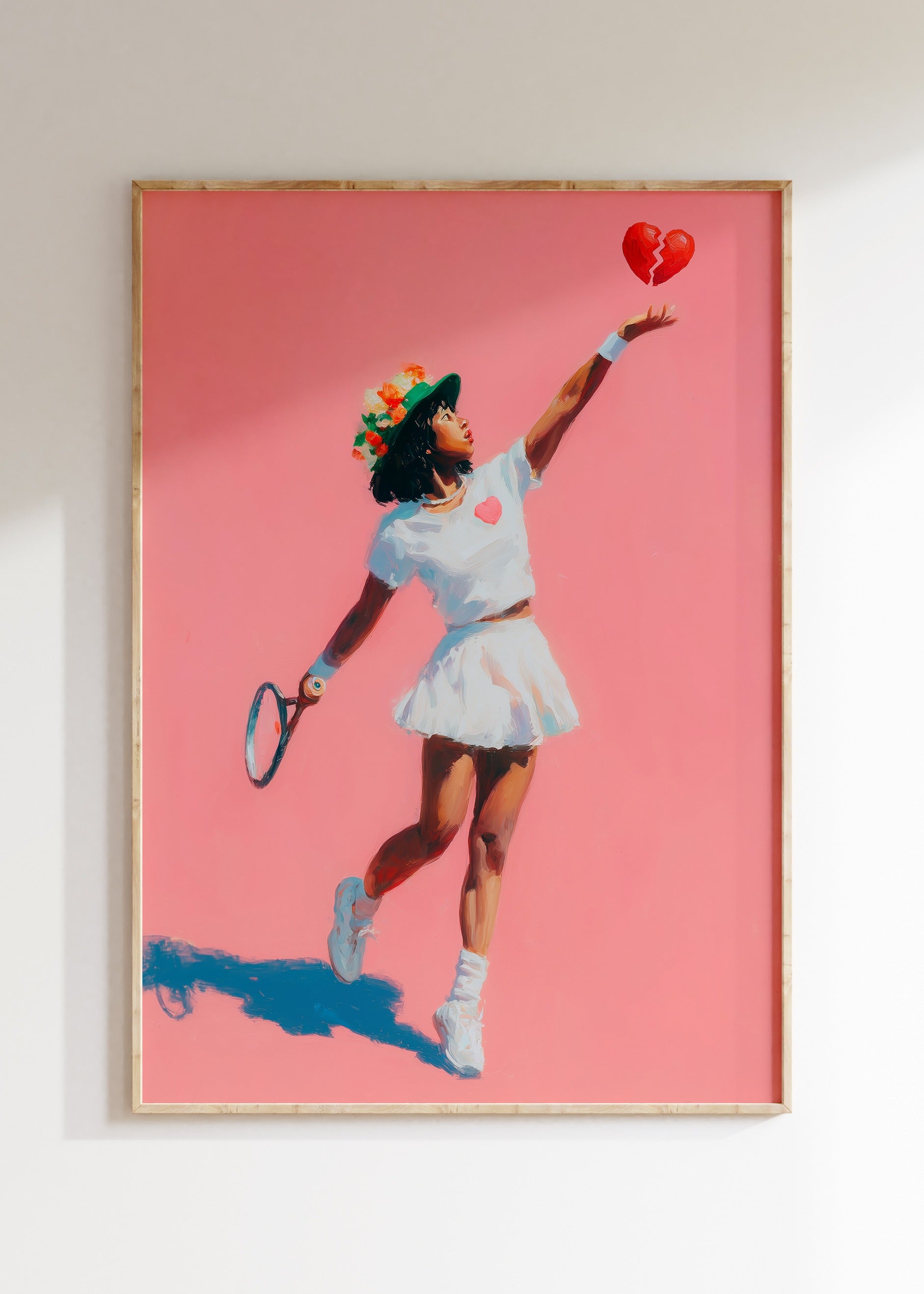 Framed tennis player smash illustration in dynamic pastel style, sport poster on wall, home decor wall art