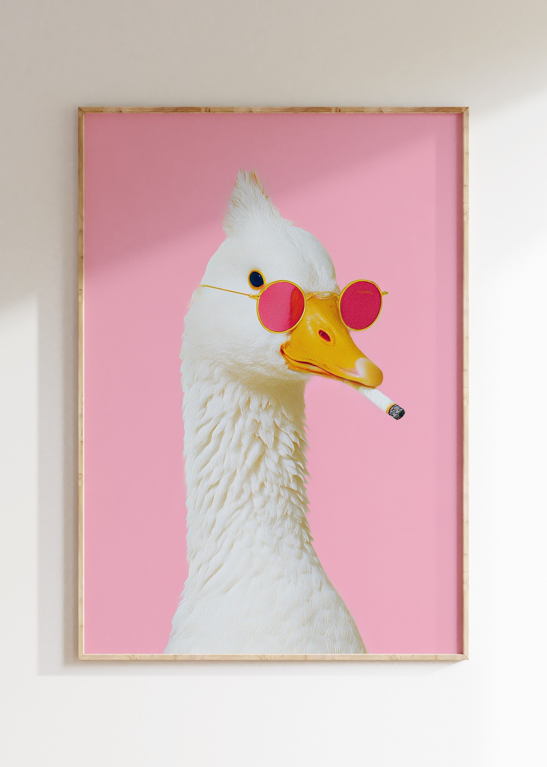 Framed smoking goose illustration in bold retro colors, funny animal poster on wall, home decor wall art