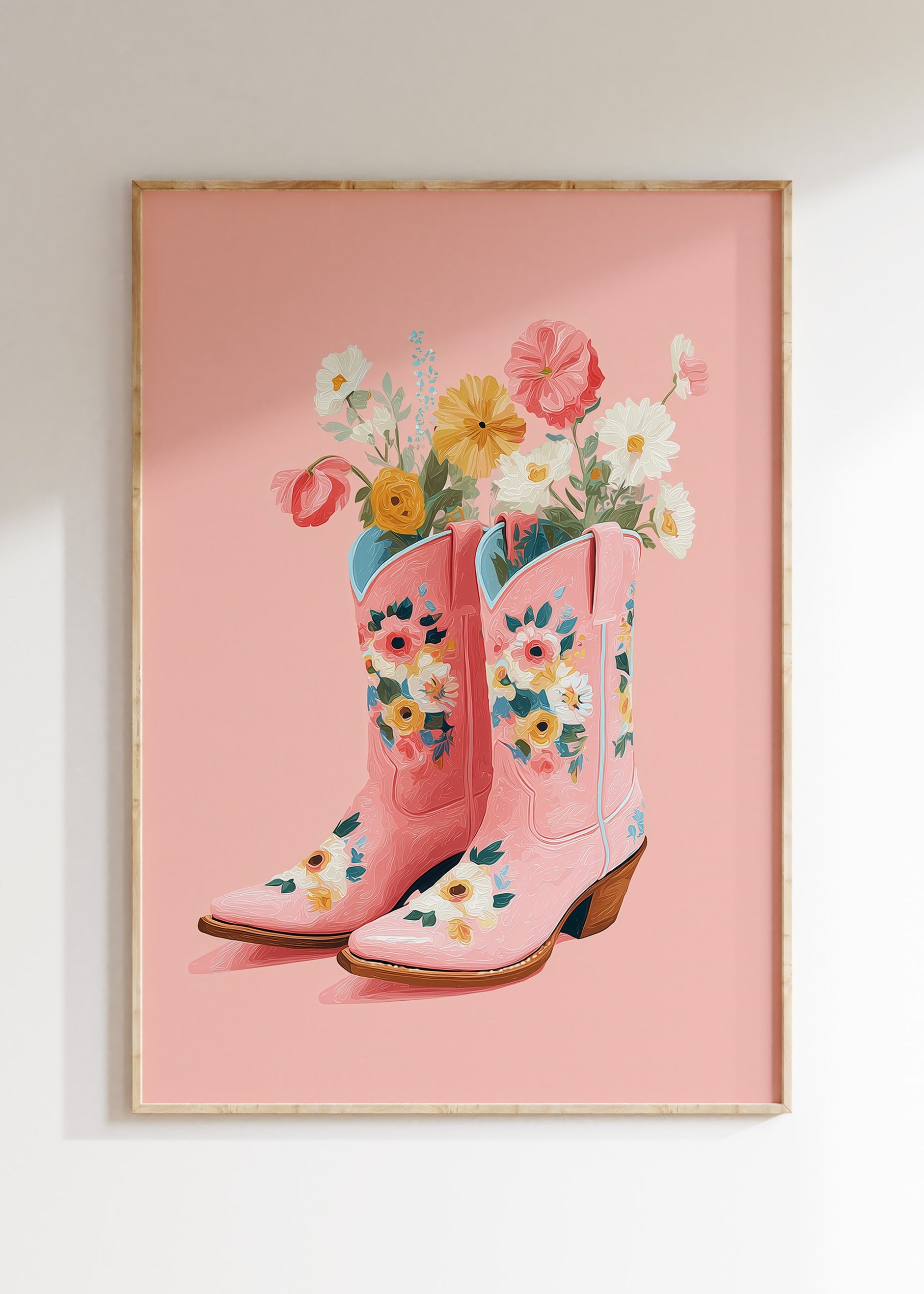 Framed embroidered cowboy boots with flowers illustration, western poster on wall, home decor wall art