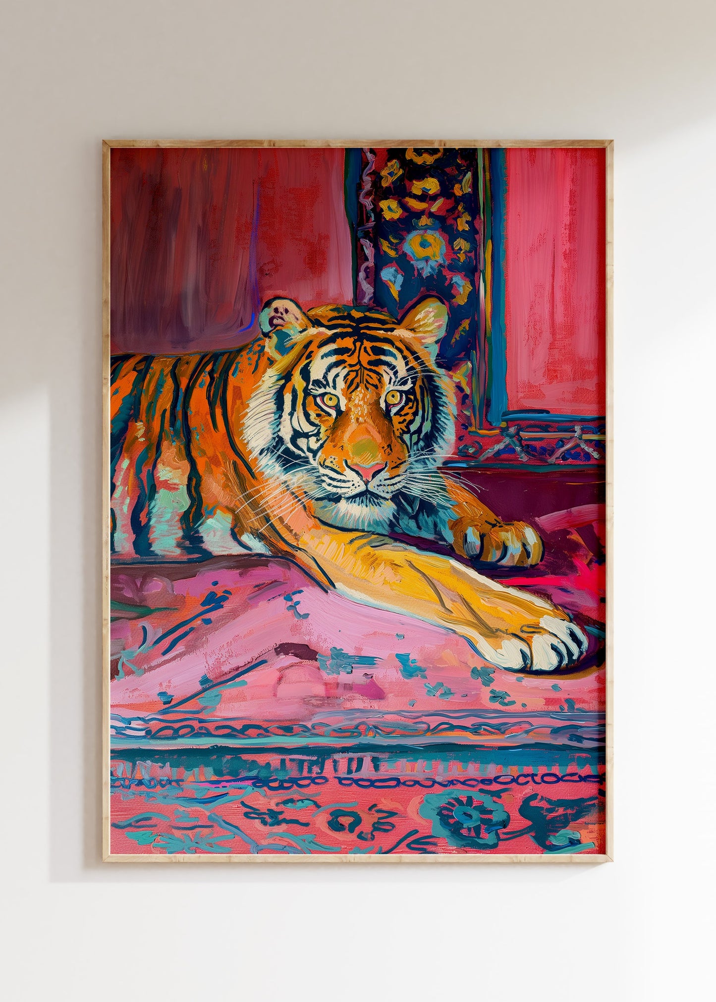 Framed tiger portrait illustration in bold tropical colors, wild animal poster on wall, home decor wall art